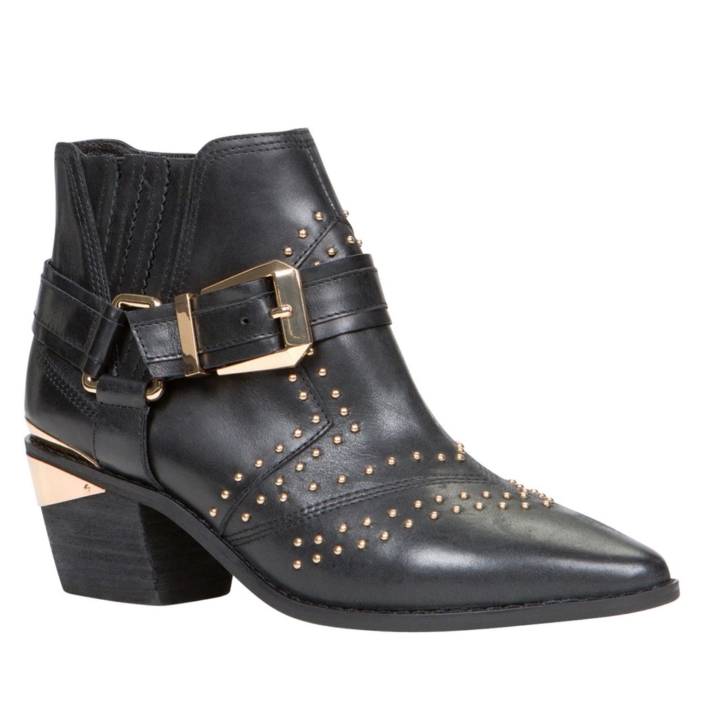 Aldo Bugiano Black Leather Gold Studded Ankle Boots NIB